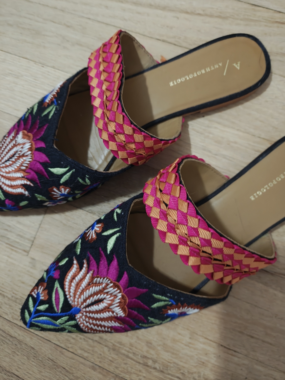 Anthropologie Pink Floral Embroidered Pointed Mules